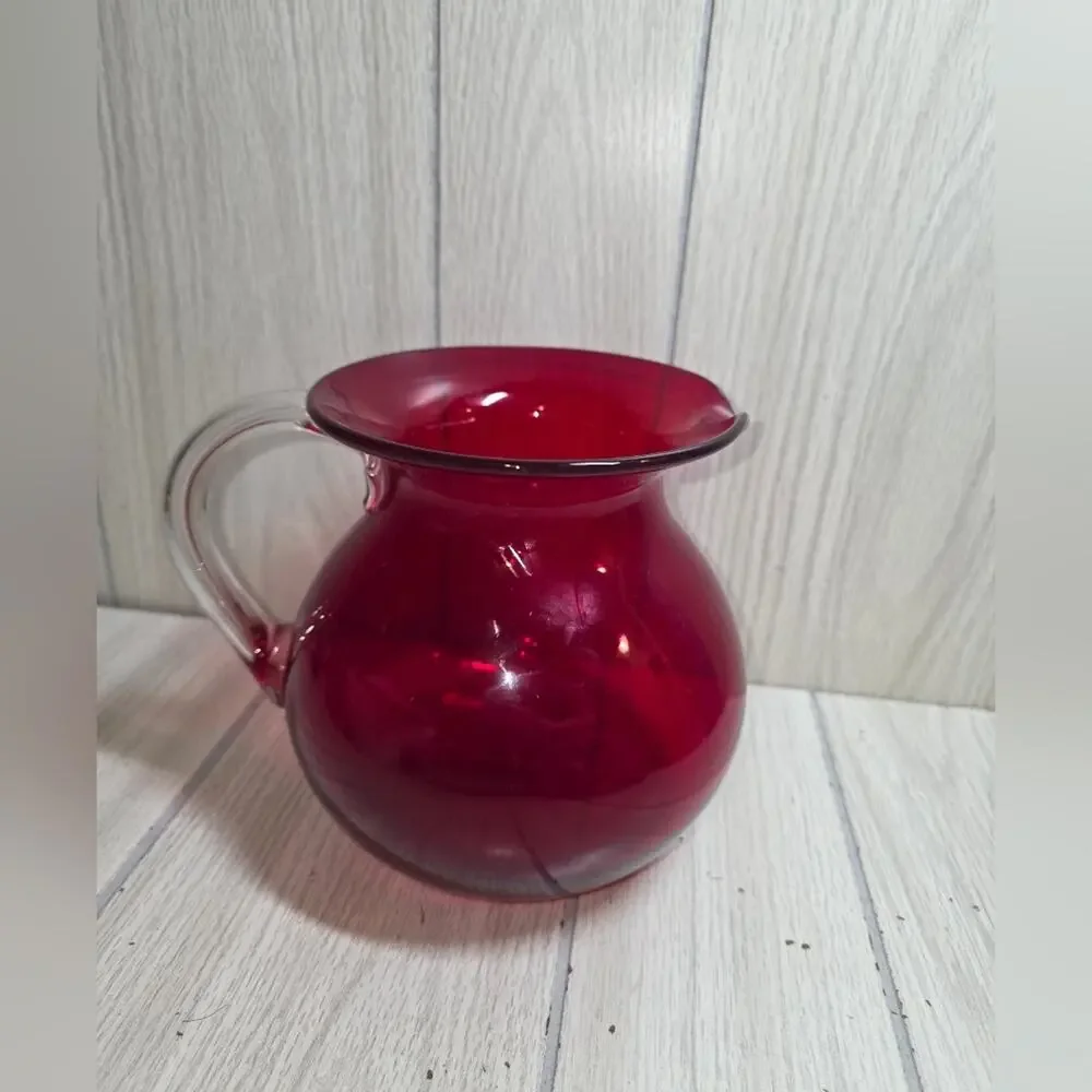 Vtg Hand-Blown Ruby Red Pitcher With Clear Handle Victorian 7